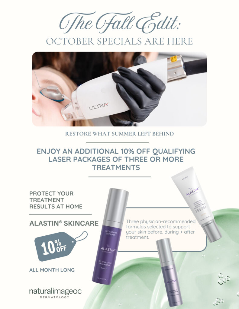 October 2026 specials: an additional 10% off qualifying laser packages of three or more treatments, plus 10% off ALASTIN skincare all month.